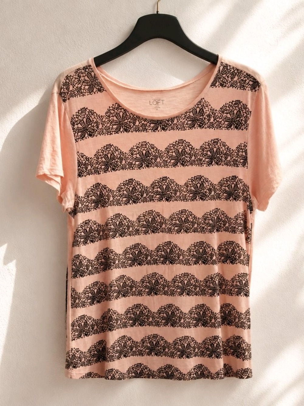 LOFT Pink Lace-Stripe Short Sleeve Tee